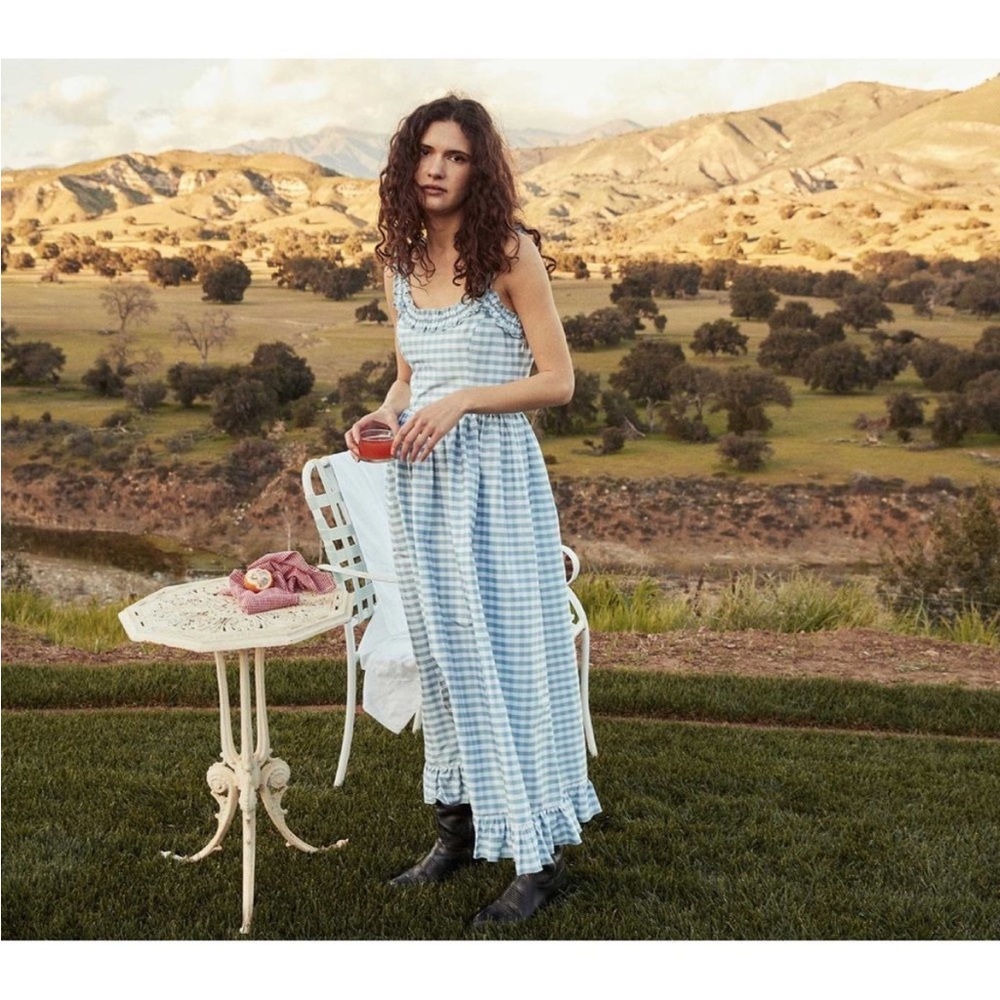 Blue Doen gingham 100% silk dress EUC